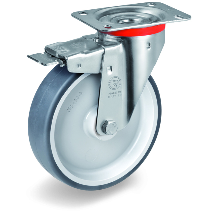 Детальное изображение Колесо Tellure Rota 716603 поворотное с тормозом, диаметр 125мм, грузоподъемность 120кг, термопластичная серая резина, полипропилен - Купить