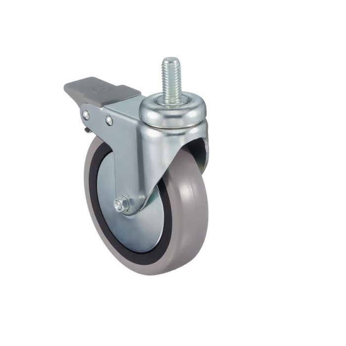 Детальное изображение Колесо Tellure Rota 379104 поворотное с тормозом, диаметр 100мм, грузоподъемность 55кг, серая резина, полипропилен, штырь с резьбой M12 - Купить