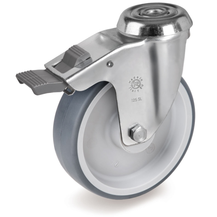 Детальное изображение Колесо Tellure Rota 716202 поворотное с тормозом, диаметр 100мм, грузоподъемность 100кг, серая резина, сталь - Купить