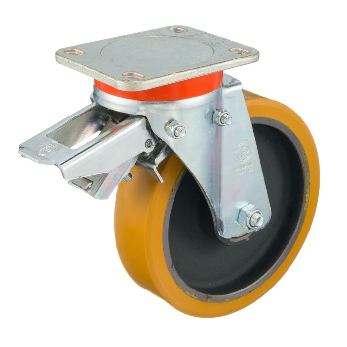 Детальное изображение Колесо Tellure Rota 644863 поворотное с задним тормозом, диаметр 125мм, грузоподъемность 550кг, полиуретан TR, чугун - Купить