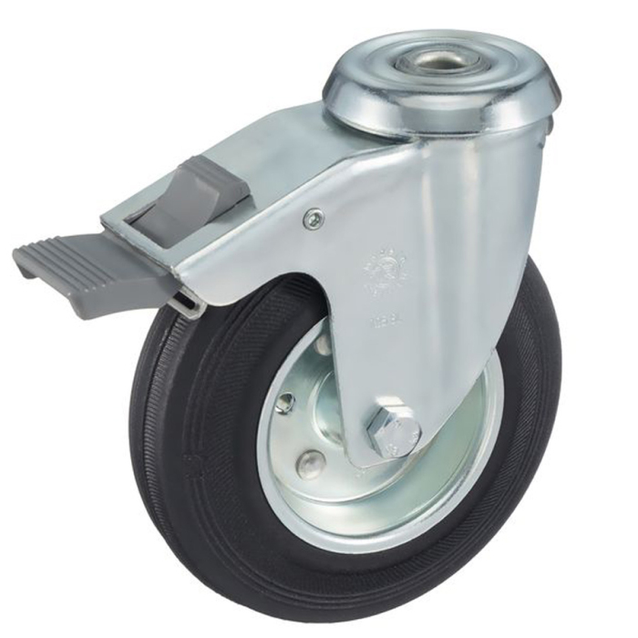 Детальное изображение Колесо Tellure Rota 536203 поворотное с тормозом, диаметр 125мм, грузоподъемность 130кг, черная резина, сталь - Купить