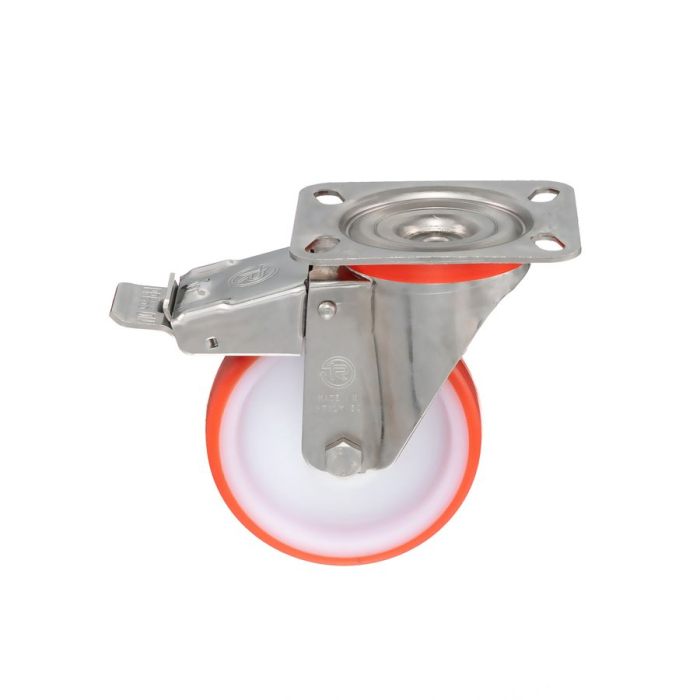 Детальное изображение Колесо Tellure Rota 606702 поворотное с тормозом, диаметр 100мм, грузоподъемность 170кг, термопластичный полиуретан, полиамид, кронштейн из нержавеющей стали - Купить