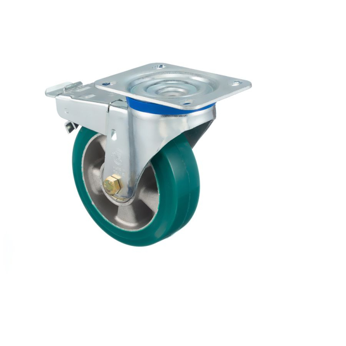 Детальное изображение Колесо Tellure Rota 627404 поворотное, с тормозом, диаметр 160мм, грузоподъемность 500кг, полиуретан TR- ROLL, алюминий - Купить