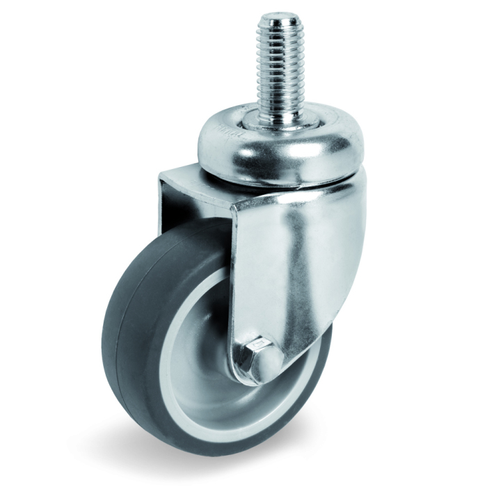 Детальное изображение Колесо Tellure Rota 386202 поворотное, диаметр 60мм, грузоподъемность 60кг, серая резина, полипропилен, штырь с резьбой M12 - Купить