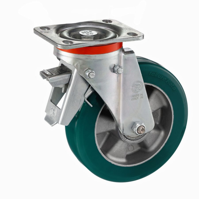 Детальное изображение Колесо Tellure Rota 627206 поворотное, с задним тормозом, диаметр 200мм, грузоподъемность 700кг, полиуретан TR- ROLL, алюминий - Купить