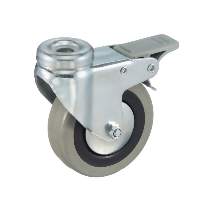 Детальное изображение Колесо Tellure Rota 377104 поворотное с тормозом, диаметр 100мм, грузоподъемность 55кг, серая резина, полипропилен - Купить