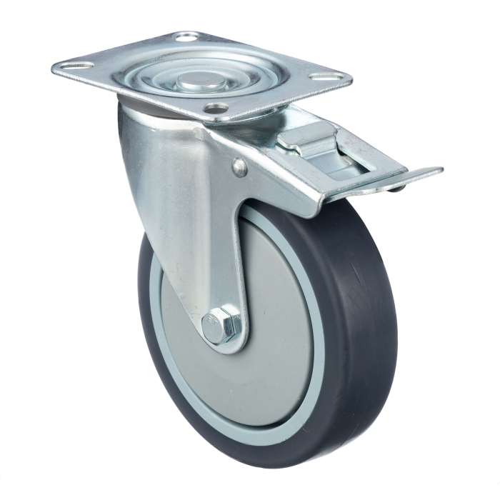 Детальное изображение Колесо Стелла-техник N48125TPRB поворотное с тормозом, диаметр 125мм, грузоподъемность 140кг, термопластичная серая резина, полипропилен - Купить