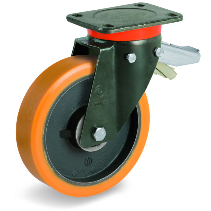 Детальное изображение Колесо Tellure Rota 646654 большегрузное полиуретановое поворотное с тормозом 150 мм, нагрузка 700 кг, чугунное - Купить