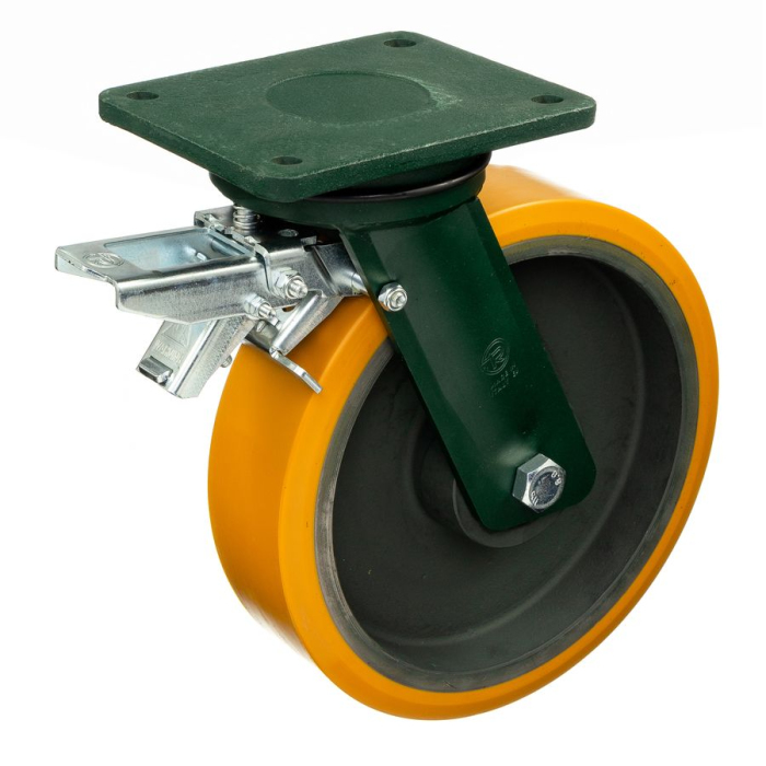 Детальное изображение Колесо Tellure Rota 648538 поворотное с задним тормозом, диаметр 300мм, грузоподъемность 2300кг, полиуретан TR, чугун, сверхпрочный кронштейн EEHD - Купить