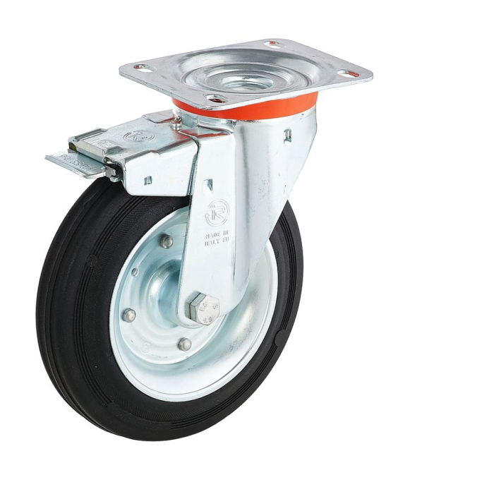 Детальное изображение Колесо Tellure Rota 535431 поворотное тормозом, диаметр 150мм, грузоподъемность 170кг, черная резина, сталь - Купить