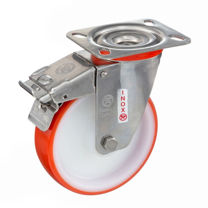 Детальное изображение Колесо Tellure Rota 606703 поворотное с тормозом, диаметр 125мм, грузоподъемность 220кг, термопластичный полиуретан, полиамид, кронштейн из нержавеющей стали - Купить