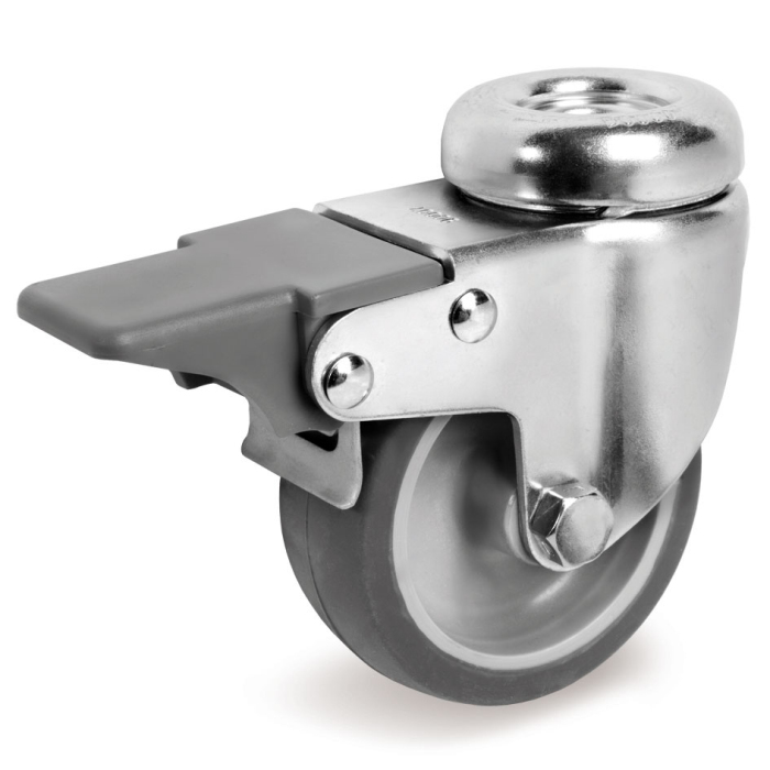 Детальное изображение Колесо Tellure Rota 387201 поворотное с тормозом, диаметр 50мм, грузоподъемность 40кг, серая резина, полипропилен - Купить