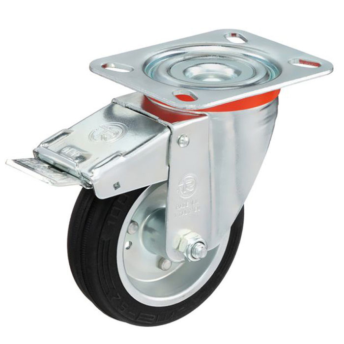 Детальное изображение Колесо Tellure Rota 535422 поворотное с тормозом, диаметр 100мм, грузоподъемность 80кг, черная резина, сталь - Купить