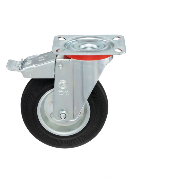 Детальное изображение Колесо Tellure Rota 535423 поворотное тормозом, диаметр 125мм, грузоподъемность 130кг, черная резина, сталь - Купить