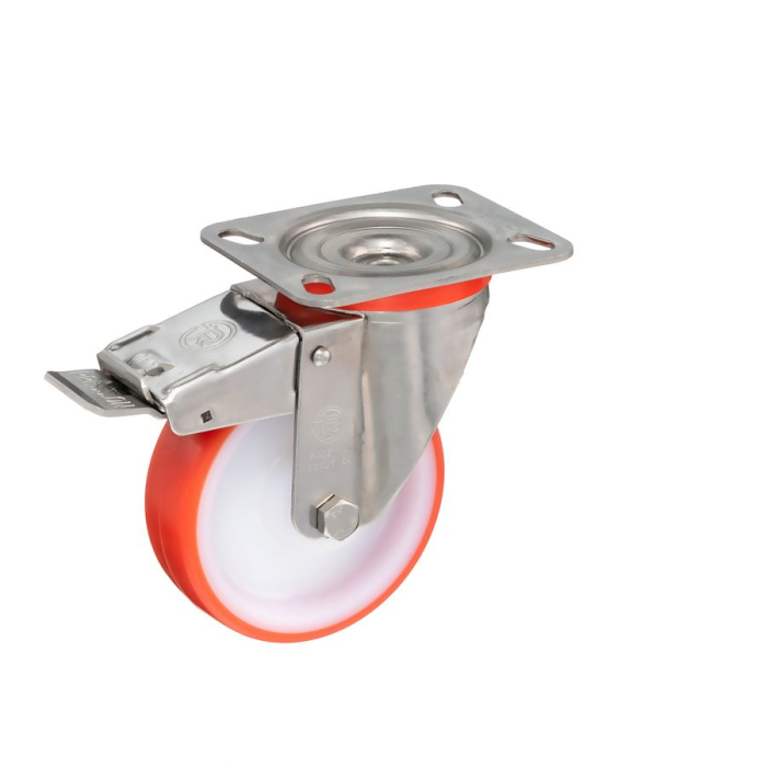 Детальное изображение Колесо Tellure Rota 606702 поворотное с тормозом, диаметр 100мм, грузоподъемность 170кг, термопластичный полиуретан, полиамид, кронштейн из нержавеющей стали - Купить