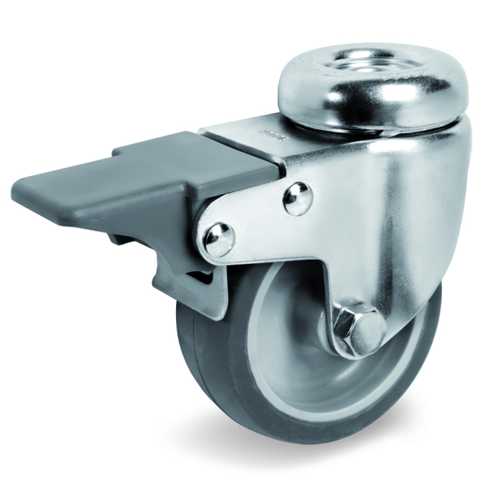 Детальное изображение Колесо Tellure Rota 387203 d=80/24, серая резина/полипропилен, поворотное с торм, отверстие крепления 12 мм, г/п=70кг - Купить