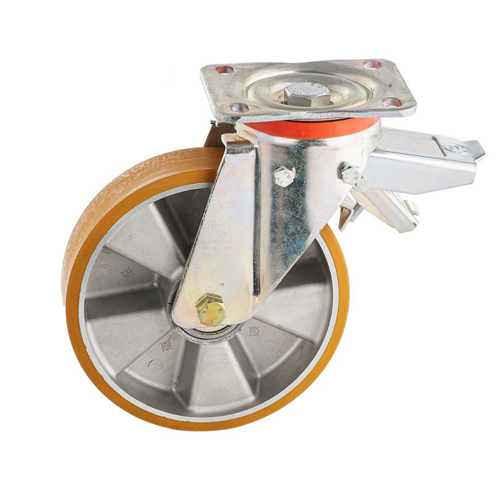 Детальное изображение Колесо Tellure Rota 656604 поворотное, с задним тормозом, диаметр 150мм, грузоподъемность 600кг, полиуретан TR, алюминий - Купить