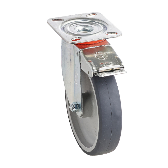 Детальное изображение Колесо Tellure Rota 716623 поворотное с тормозом, диаметр 125мм, грузоподъемность 120кг, термопластичная серая резина, полипропилен - Купить