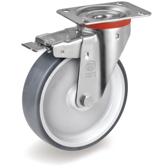 Детальное изображение Колесо Tellure Rota 716623 поворотное с тормозом, диаметр 125мм, грузоподъемность 120кг, термопластичная серая резина, полипропилен - Купить