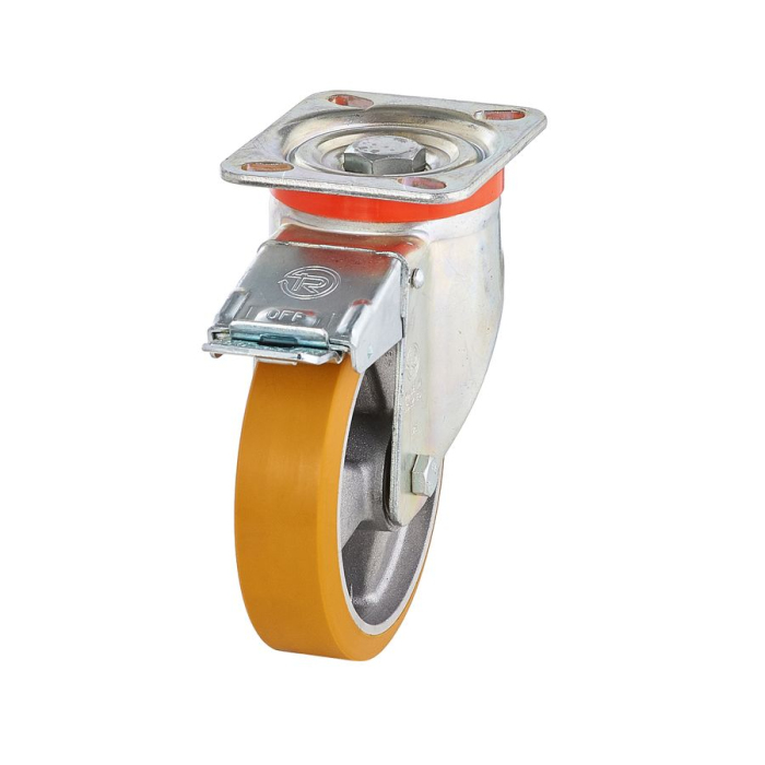 Детальное изображение Колесо Tellure Rota 656602 поворотное, с тормозом, диаметр 100мм, грузоподъемность 250кг, полиуретан TR, алюминий - Купить