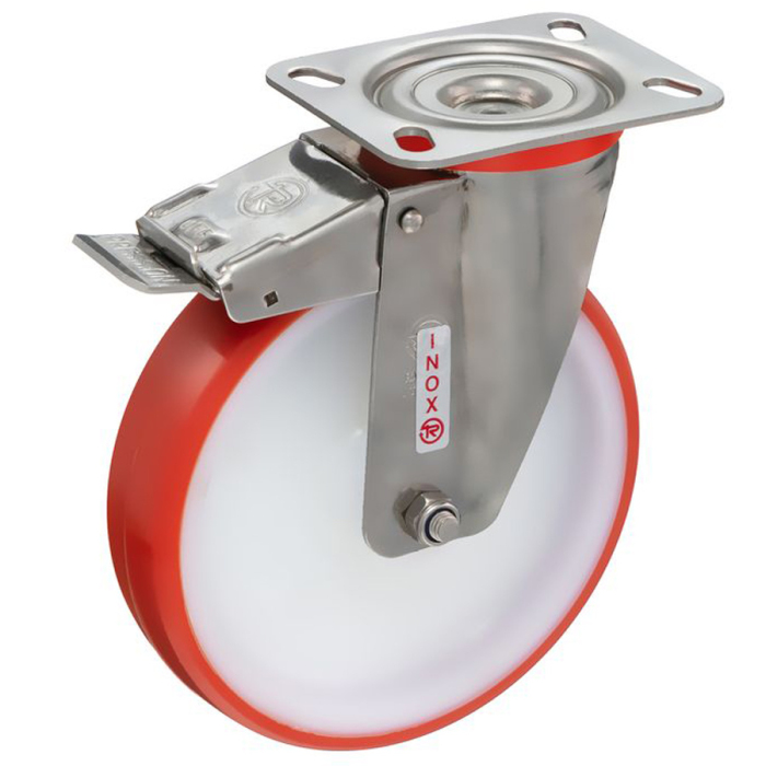 Детальное изображение Колесо Tellure Rota 606706 поворотное с тормозом, диаметр 200мм, грузоподъемность 300кг, термопластичный полиуретан / полиамид, кронштейн из нержавеющей стали - Купить