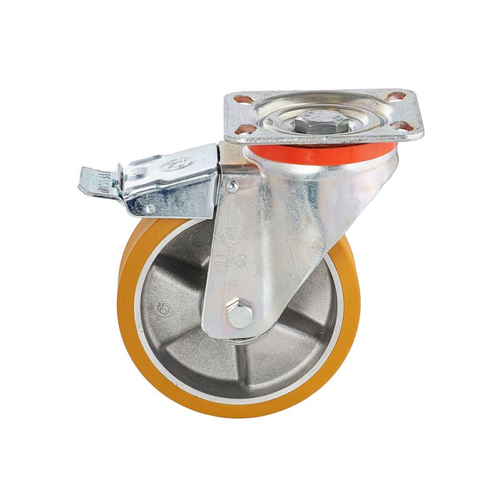 Детальное изображение Колесо Tellure Rota 656602 поворотное, с тормозом, диаметр 100мм, грузоподъемность 250кг, полиуретан TR, алюминий - Купить