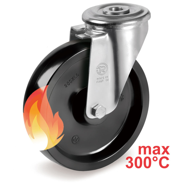 Детальное изображение Колесо Tellure Rota 676102 поворотное, диаметр 100мм, грузоподъемность 200кг, фенольная смола до 300С, классическая термо втулка, центральное отверстие в опоре для крепления под болт 12мм - Купить