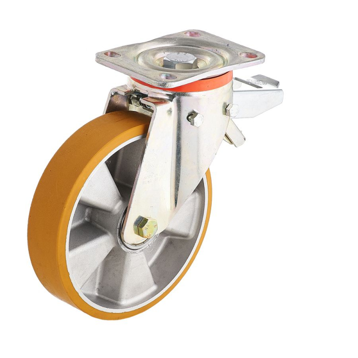 Детальное изображение Колесо Tellure Rota 656604 поворотное, с задним тормозом, диаметр 150мм, грузоподъемность 600кг, полиуретан TR, алюминий - Купить