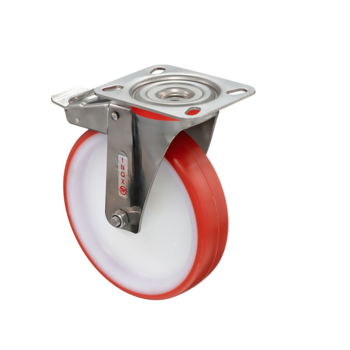 Детальное изображение Колесо Tellure Rota 606706 поворотное с тормозом, диаметр 200мм, грузоподъемность 300кг, термопластичный полиуретан / полиамид, кронштейн из нержавеющей стали - Купить