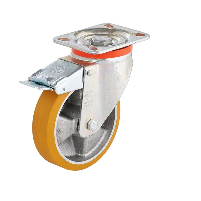 Детальное изображение Колесо Tellure Rota 656603 поворотное, с тормозом, диаметр 125мм, грузоподъемность 350кг, полиуретан TR, алюминий - Купить