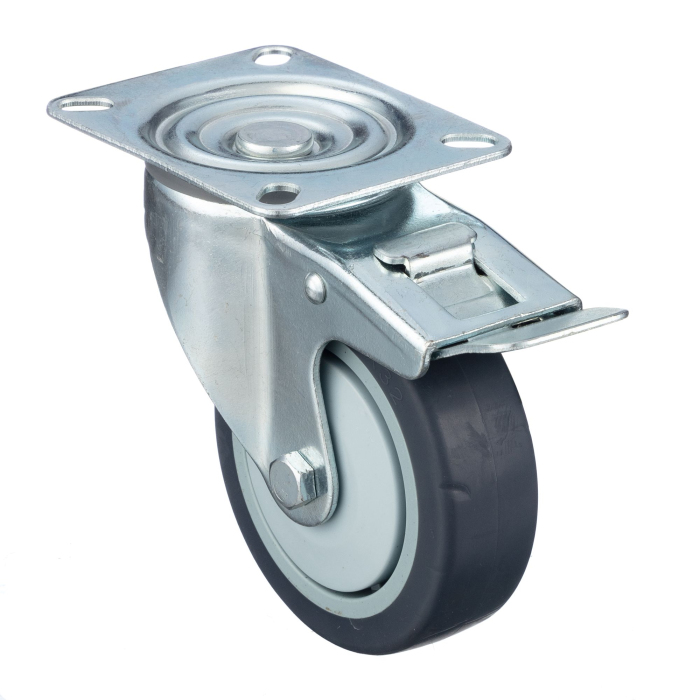 Детальное изображение Колесо Стелла-техник N48075TPRB поворотное с тормозом, диаметр 75мм, грузоподъемность 70кг, термопластичная серая резина, полипропилен - Купить