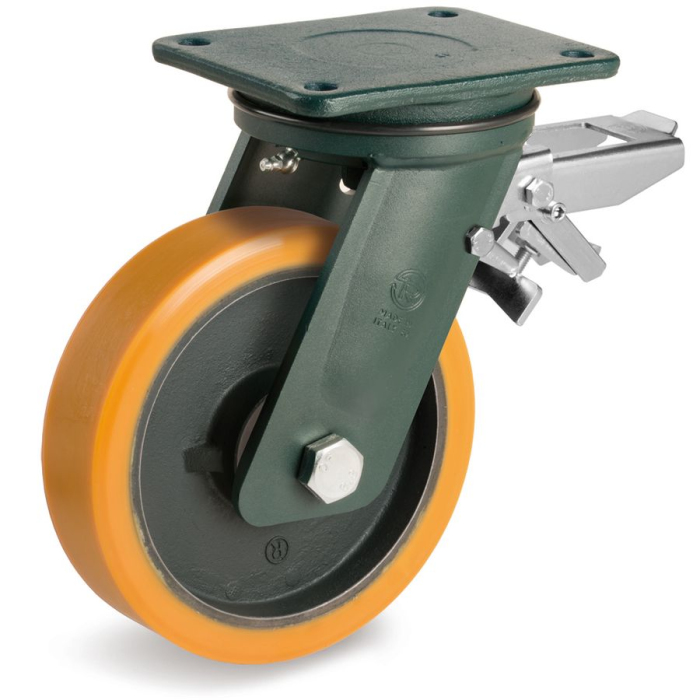 Детальное изображение Колесо Tellure Rota 648507 поворотное с задним тормозом, диаметр 250мм, грузоподъемность 1500кг, полиуретан TR, чугун, сверхпрочный кронштейн EEHD - Купить