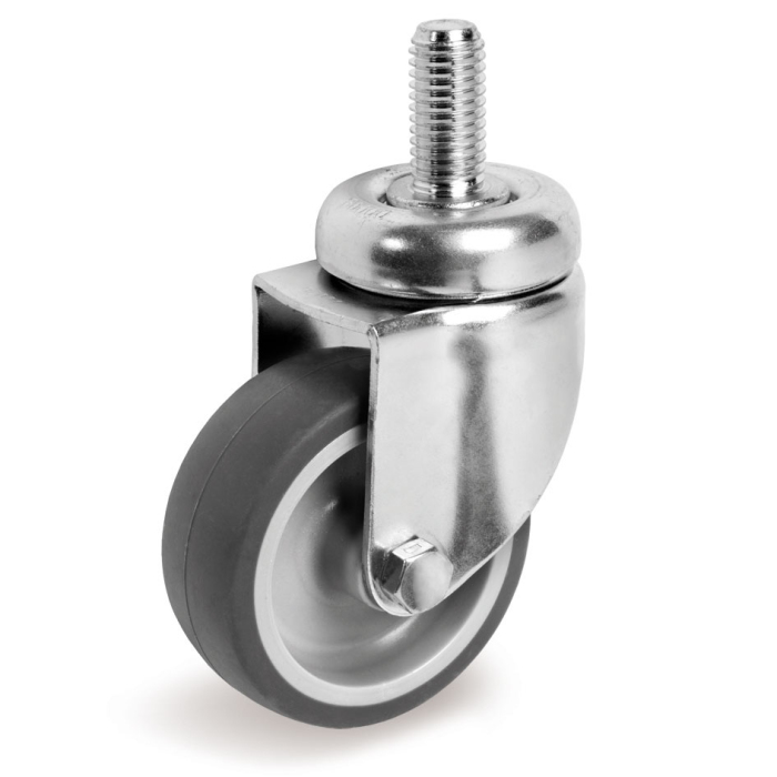 Детальное изображение Колесо Tellure Rota 386201 поворотное, диаметр 50мм, грузоподъемность 40кг, серая резина, полипропилен, штырь с резьбой M8 - Купить