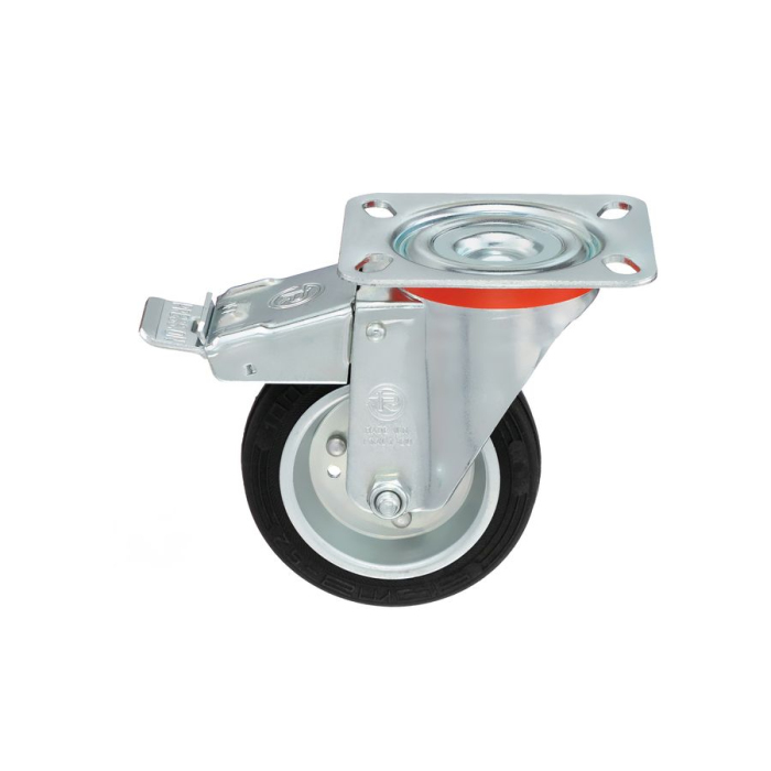 Детальное изображение Колесо Tellure Rota 535422 поворотное с тормозом, диаметр 100мм, грузоподъемность 80кг, черная резина, сталь - Купить