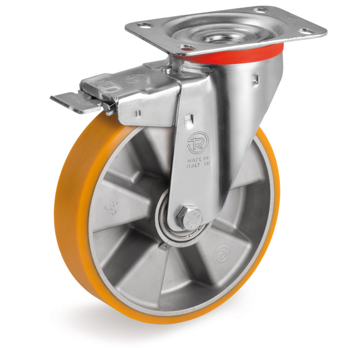 Детальное изображение Колесо Tellure Rota 656514 поворотное, с передним тормозом, диаметр 160мм, грузоподъемность 300кг, полиуретан TR, алюминий - Купить