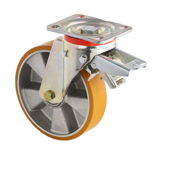 Детальное изображение Колесо Tellure Rota 656606 поворотное, с задним тормозом, диаметр 200мм, грузоподъемность 750кг, полиуретан TR, алюминий - Купить