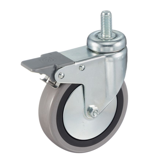 Детальное изображение Колесо Tellure Rota 379104 поворотное с тормозом, диаметр 100мм, грузоподъемность 55кг, серая резина, полипропилен, штырь с резьбой M12 - Купить