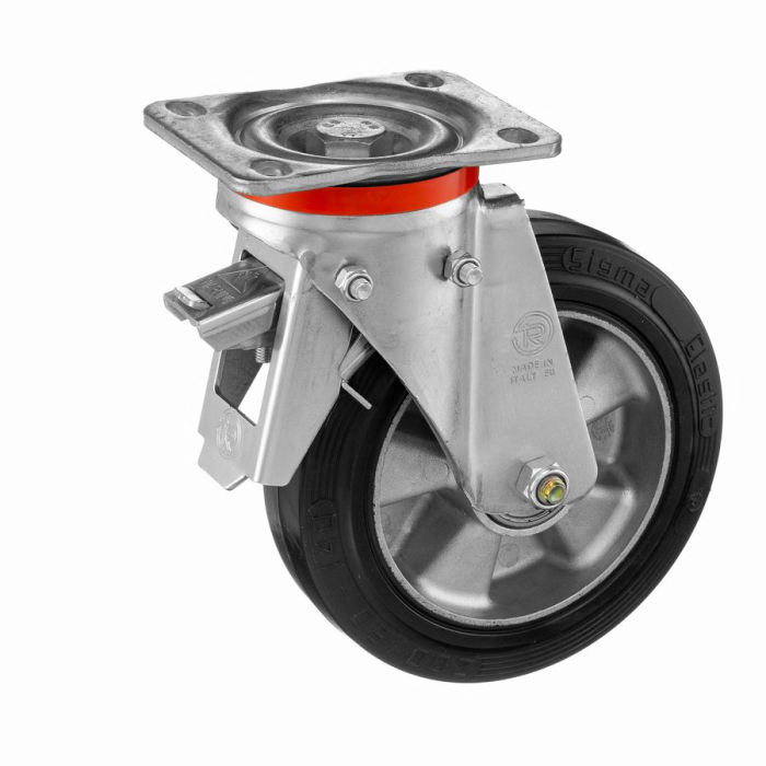 Детальное изображение Колесо Tellure Rota 727206 поворотное с задним тормозом, диаметр 200мм, грузоподъемность 500кг, эластичная резина SYGMA, алюминий, усиленный кронштейн P - Купить