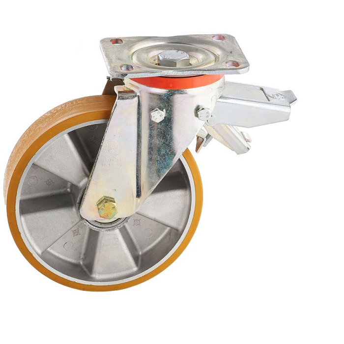 Детальное изображение Колесо Tellure Rota 656606 поворотное, с задним тормозом, диаметр 200мм, грузоподъемность 750кг, полиуретан TR, алюминий - Купить