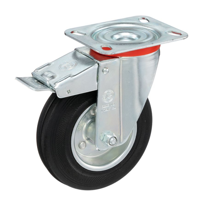 Детальное изображение Колесо Tellure Rota 535423 поворотное тормозом, диаметр 125мм, грузоподъемность 130кг, черная резина, сталь - Купить