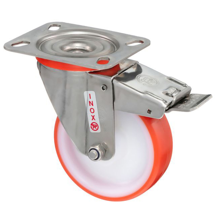 Детальное изображение Колесо Tellure Rota 606702 поворотное с тормозом, диаметр 100мм, грузоподъемность 170кг, термопластичный полиуретан, полиамид, кронштейн из нержавеющей стали - Купить