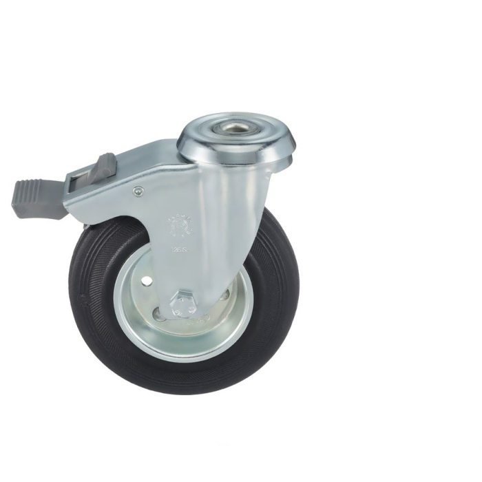 Детальное изображение Колесо Tellure Rota 536203 поворотное с тормозом, диаметр 125мм, грузоподъемность 130кг, черная резина, сталь - Купить