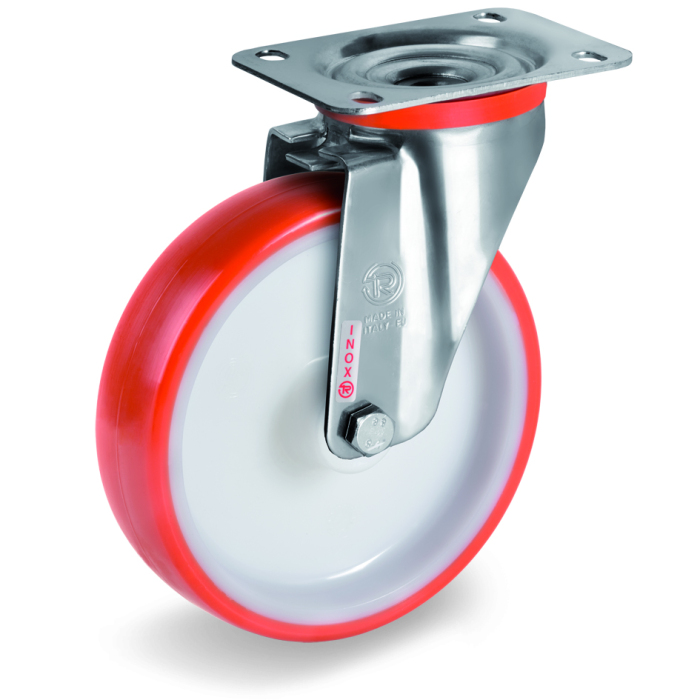 Детальное изображение Колесо Tellure Rota 604401 поворотное, диаметр 80мм, грузоподъемность 120кг, термопластичный полиуретан, полиамид, кронштейн из нержавеющей стали - Купить