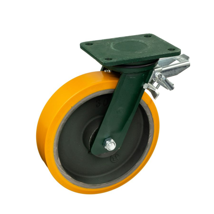 Детальное изображение Колесо Tellure Rota 648538 поворотное с задним тормозом, диаметр 300мм, грузоподъемность 2300кг, полиуретан TR, чугун, сверхпрочный кронштейн EEHD - Купить