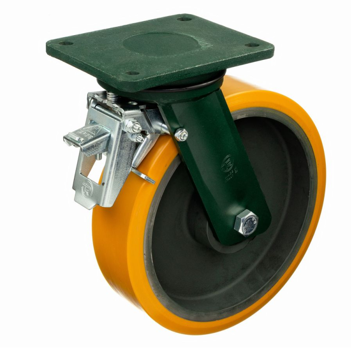 Детальное изображение Колесо Tellure Rota 648538 поворотное с задним тормозом, диаметр 300мм, грузоподъемность 2300кг, полиуретан TR, чугун, сверхпрочный кронштейн EEHD - Купить