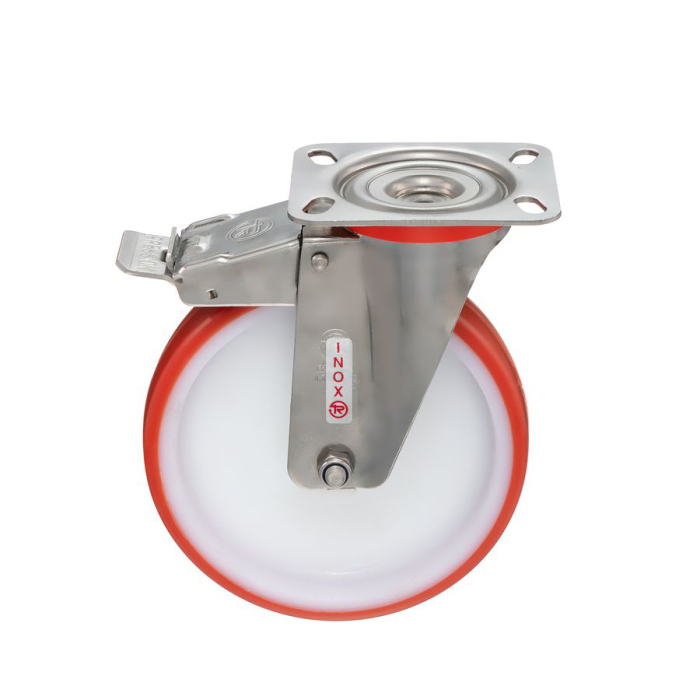 Детальное изображение Колесо Tellure Rota 606706 поворотное с тормозом, диаметр 200мм, грузоподъемность 300кг, термопластичный полиуретан / полиамид, кронштейн из нержавеющей стали - Купить